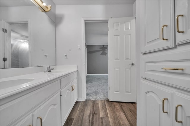 full bathroom featuring double vanity, wood finished floors, and a sink