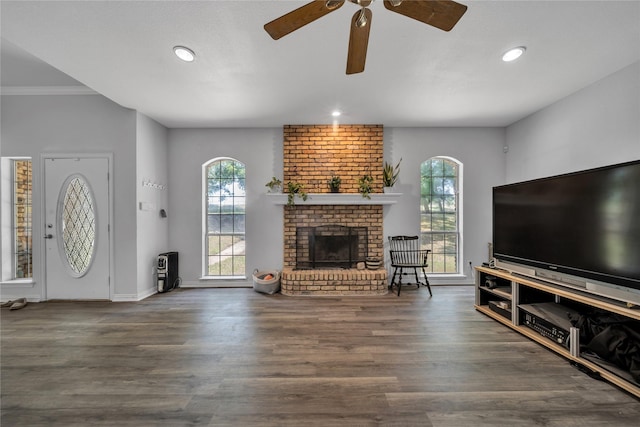 living area with plenty of natural light, recessed lighting, a fireplace, and wood finished floors