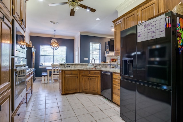 kitchen featuring black appliances, ceiling fan with notable chandelier, sink, light tile patterned flooring, and kitchen peninsula