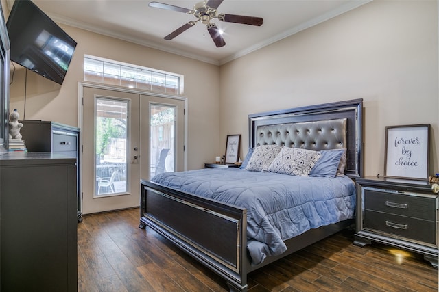 bedroom featuring ceiling fan, dark hardwood / wood-style floors, access to outside, and french doors