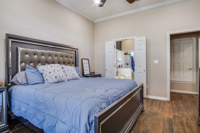 bedroom featuring ceiling fan, dark hardwood / wood-style floors, and crown molding