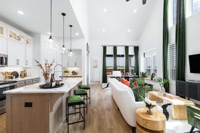 kitchen with glass insert cabinets, appliances with stainless steel finishes, light stone counters, a kitchen island with sink, and light wood-style floors