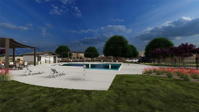 view of pool featuring a patio area, fence, a pergola, and a fenced in pool