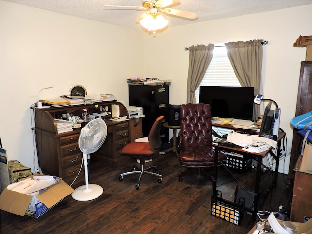 office with ceiling fan, a textured ceiling, and hardwood / wood-style floors