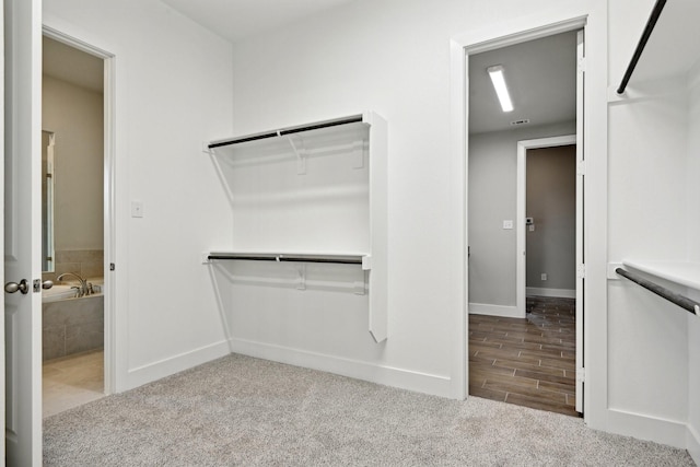 spacious closet featuring light carpet