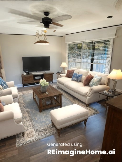 living room with ceiling fan and dark hardwood / wood-style flooring