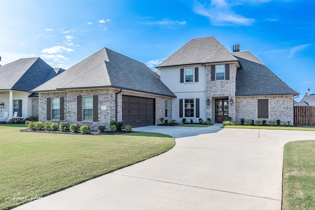 view of front of property with a garage and a front lawn