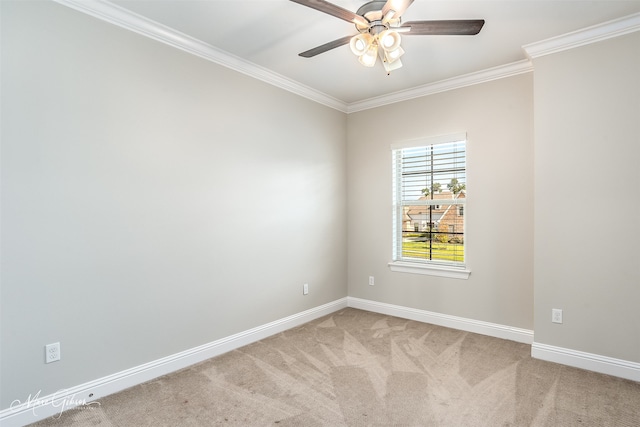 carpeted empty room featuring ceiling fan and ornamental molding