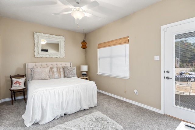 carpeted bedroom with access to exterior and ceiling fan