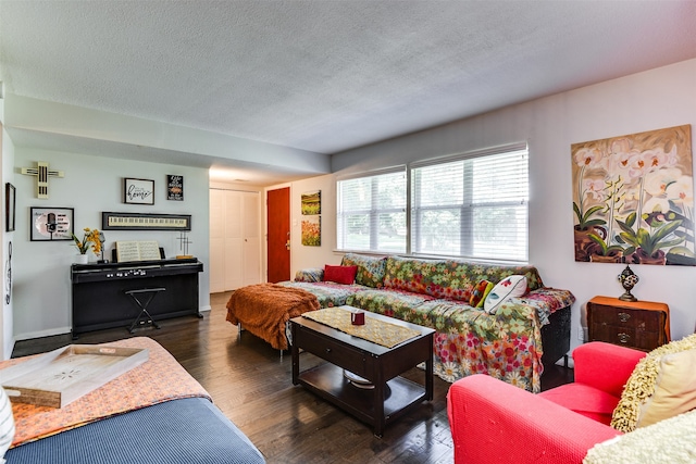 living room with a textured ceiling and dark hardwood / wood-style floors