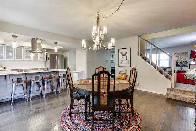 dining space with baseboards, stairway, dark wood finished floors, and a notable chandelier