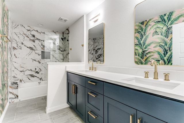 bathroom featuring vanity and plus walk in shower