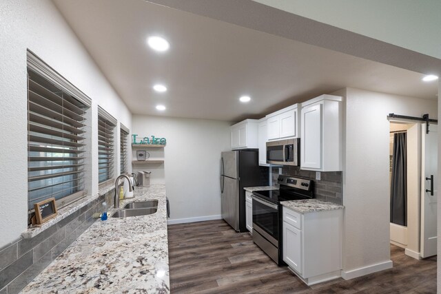 kitchen featuring dark hardwood / wood-style floors, stainless steel appliances, a barn door, tasteful backsplash, and sink