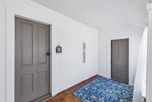 foyer with dark wood-type flooring and vaulted ceiling