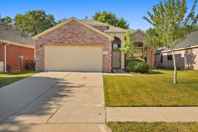 view of front of house with central AC unit, a garage, and a front lawn