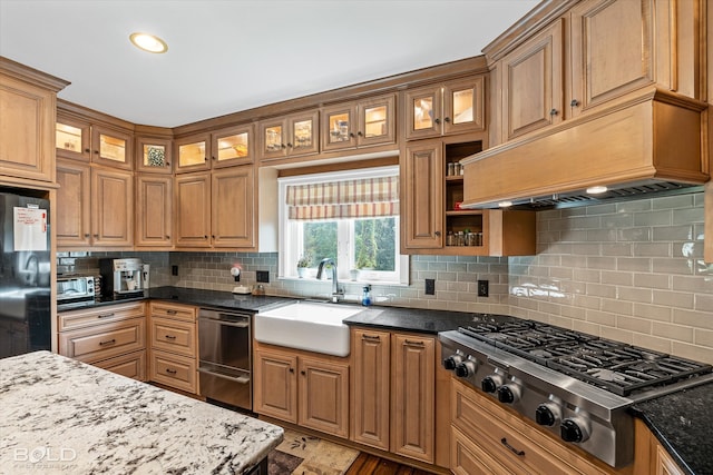 kitchen featuring dark stone counters, custom range hood, backsplash, stainless steel appliances, and sink