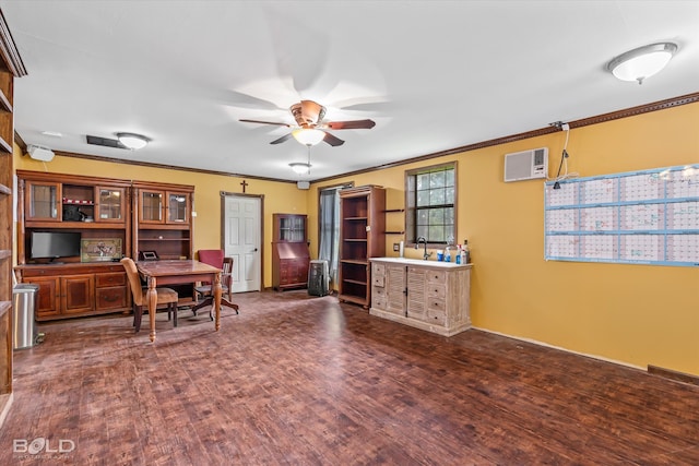 office with an AC wall unit, ornamental molding, dark wood-type flooring, and ceiling fan