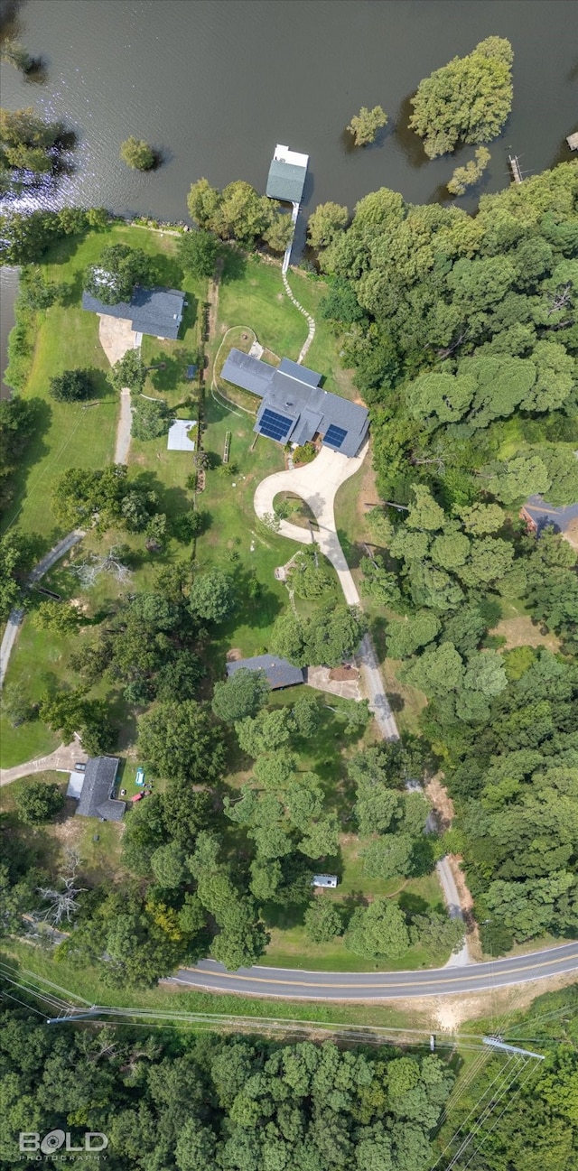 aerial view featuring a water view