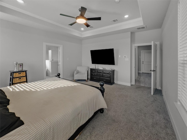 bedroom featuring carpet, a raised ceiling, visible vents, and recessed lighting