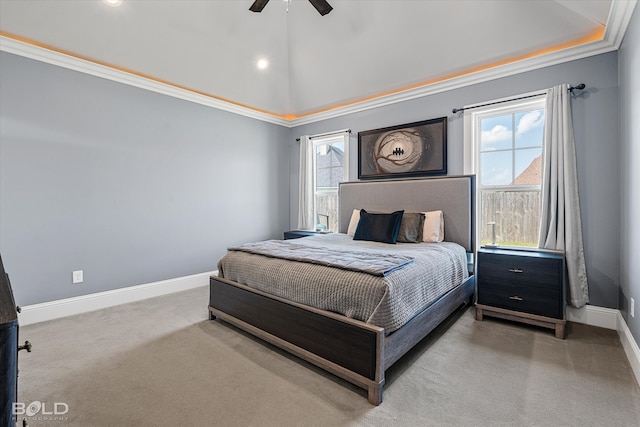 carpeted bedroom with ceiling fan, crown molding, high vaulted ceiling, and multiple windows