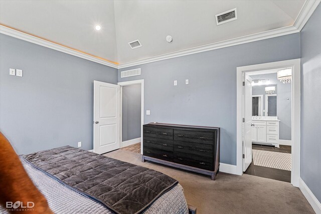 bedroom with high vaulted ceiling, ensuite bath, ornamental molding, and carpet floors