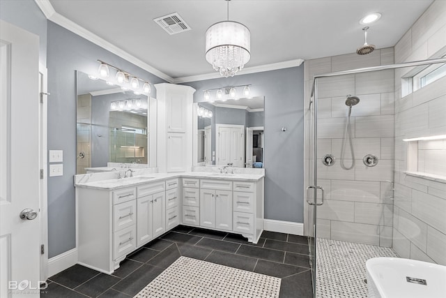 bathroom featuring crown molding, a notable chandelier, plus walk in shower, double sink vanity, and tile patterned flooring