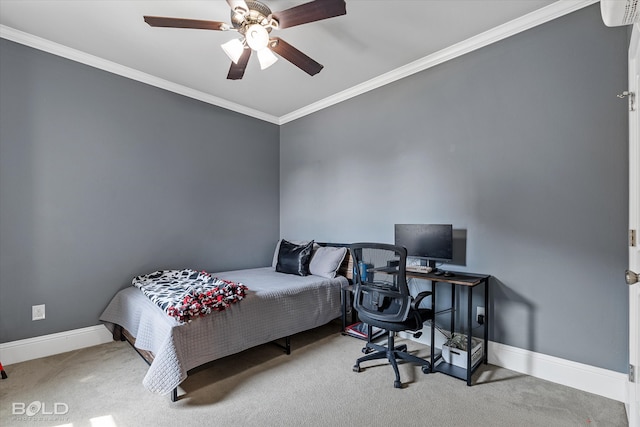 carpeted bedroom with ceiling fan and crown molding