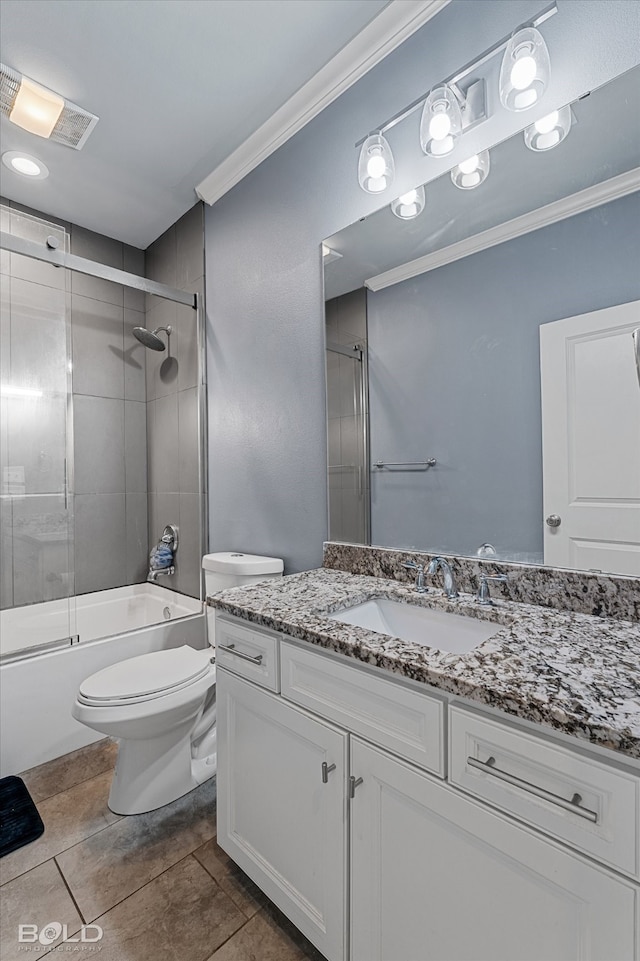 full bathroom with enclosed tub / shower combo, toilet, vanity, and tile patterned flooring