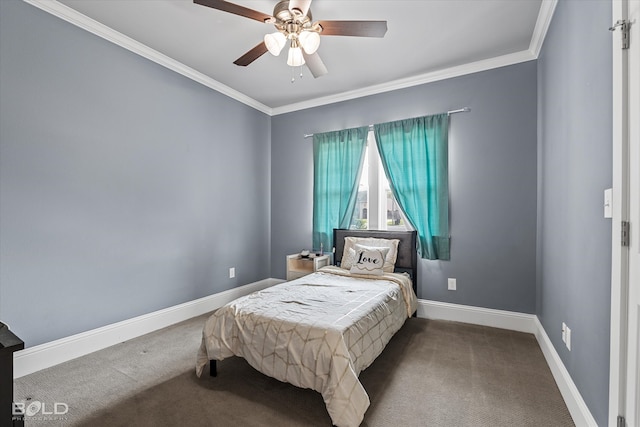 carpeted bedroom featuring ceiling fan and ornamental molding