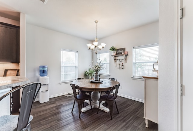 dining space with dark hardwood / wood-style flooring, a chandelier, and a wealth of natural light