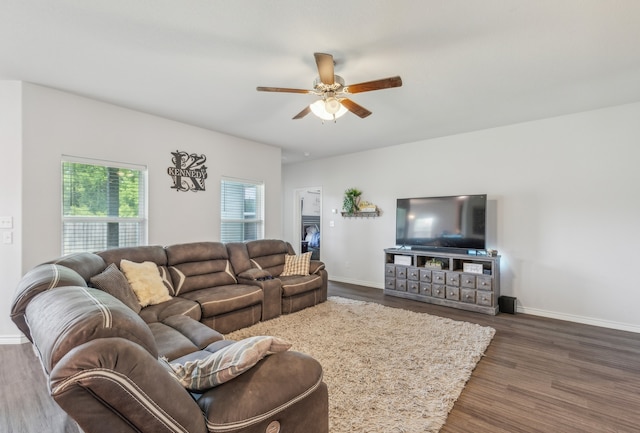 living room featuring ceiling fan and dark hardwood / wood-style flooring