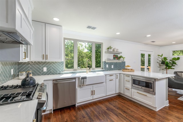 kitchen featuring appliances with stainless steel finishes, white cabinetry, sink, dark hardwood / wood-style flooring, and kitchen peninsula