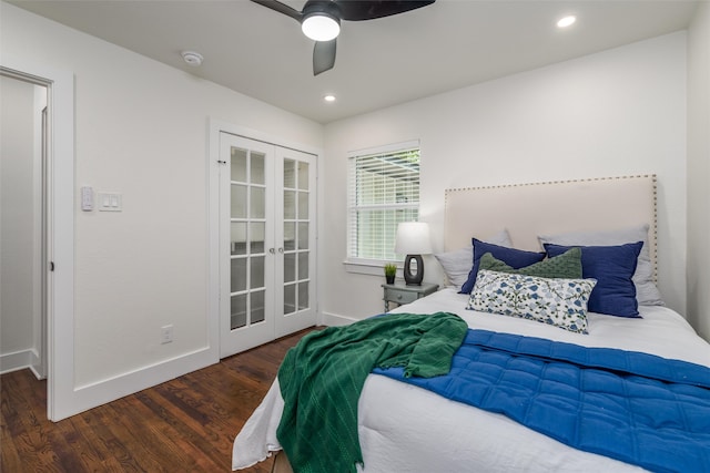 bedroom with ceiling fan, french doors, and hardwood / wood-style flooring