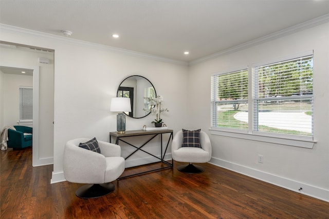 living area featuring dark wood-type flooring and ornamental molding