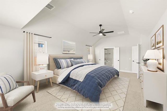 carpeted bedroom with lofted ceiling, ceiling fan, and ensuite bathroom