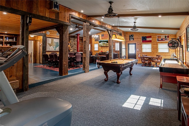 rec room with ceiling fan, wood walls, billiards, and lofted ceiling with beams