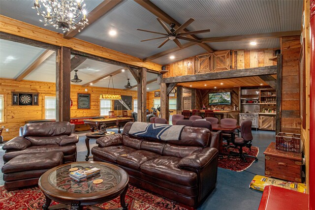 living room with vaulted ceiling with beams, billiards, ceiling fan with notable chandelier, and wood walls