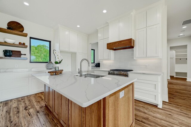 kitchen featuring light stone countertops, light hardwood / wood-style flooring, a kitchen island with sink, sink, and white cabinetry