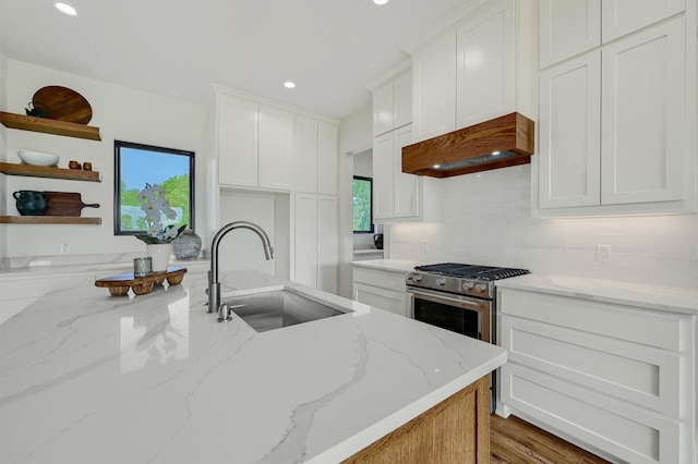 kitchen featuring white cabinetry, light stone countertops, sink, and stainless steel gas range