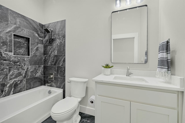 full bathroom with toilet, tiled shower / bath combo, and vanity