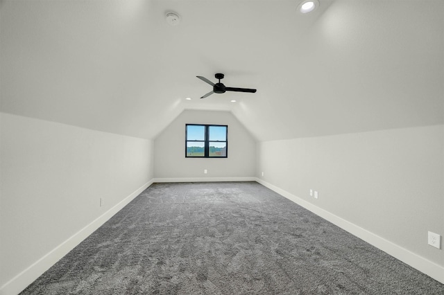 bonus room featuring vaulted ceiling, ceiling fan, and carpet flooring