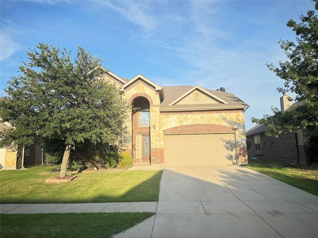 view of front of home with a front yard and a garage