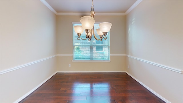 unfurnished dining area with a notable chandelier, crown molding, and dark hardwood / wood-style flooring