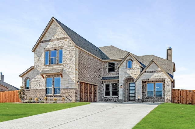 french country inspired facade featuring brick siding, fence, concrete driveway, and a front yard