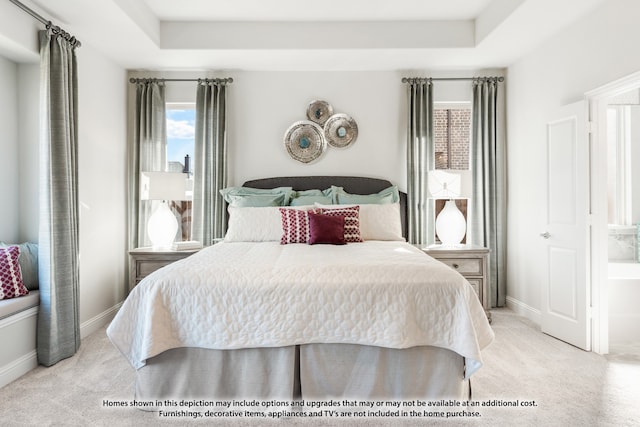 carpeted bedroom with a raised ceiling