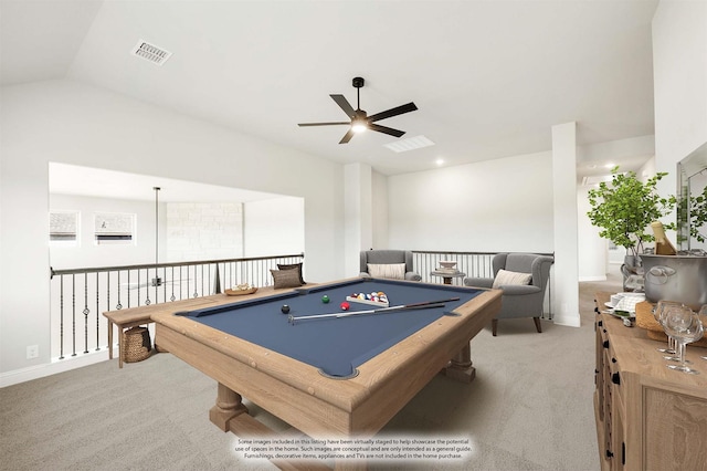 rec room featuring ceiling fan, pool table, visible vents, and light colored carpet