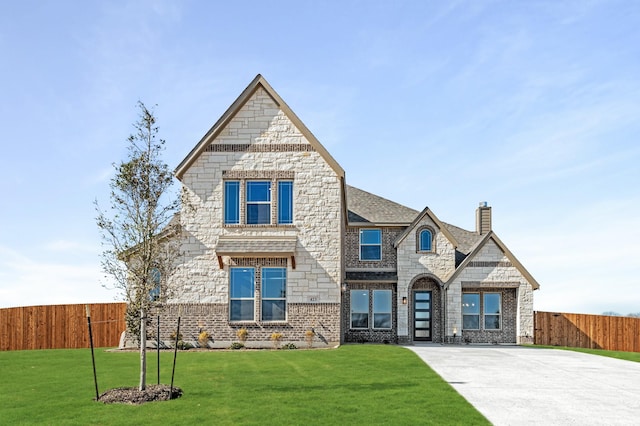 french provincial home with driveway, a chimney, a front yard, and fence