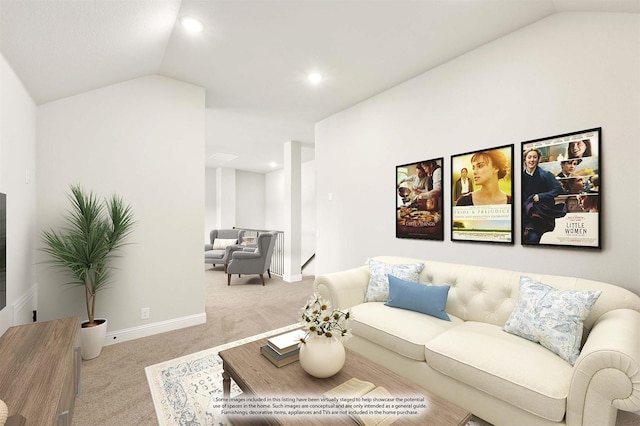 living room featuring lofted ceiling, light colored carpet, and baseboards