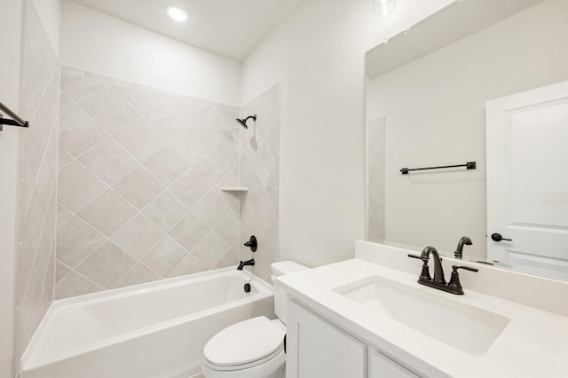 full bathroom featuring shower / bathtub combination, toilet, vanity, and recessed lighting