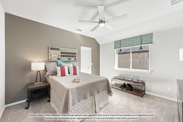 bedroom featuring ceiling fan, light colored carpet, and lofted ceiling